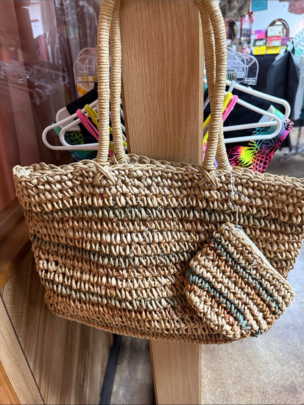 Vintage Jacqueline Ferrar boho coastal woven jute/straw tote bucket bag purse